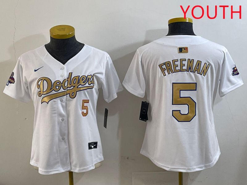 Youth Los Angeles Dodgers #5 Freeman White Champion gold character 2025 Nike MLB Jersey style 1
